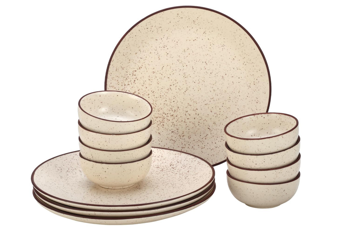 Handcrafted Ceramic Stoneware Dinner Set - Pack Of 12 Pcs, Beige Speckled | 4 Dinner Plates, 10.6 Inch Each + 8 Small Dinner Bowl, 170ml Each - Microwave & Dishwasher Safe
