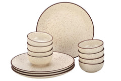 Handcrafted Ceramic Stoneware Dinner Set - Pack Of 12 Pcs, Beige Speckled | 4 Dinner Plates, 10.6 Inch Each + 8 Small Dinner Bowl, 170ml Each - Microwave & Dishwasher Safe