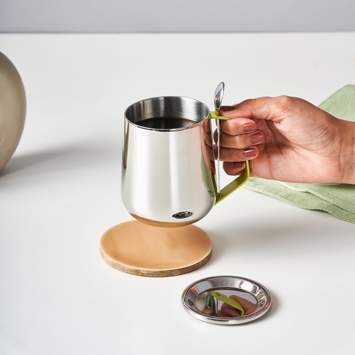 Stainless Steel Mug With Spoon & Lid - Bliss Series, Chrome & Yellow | Morning Drinking Cup - Ideal For Hot & Cold Drinks | Serve Ware & Tableware - Dishwasher Safe Stainless Steel Mug With Spoon & Lid - Bliss Series, Chrome & Yellow | Morning Drinking Cup - Ideal For Hot & Cold Drinks | Serve Ware & Tableware - Dishwasher Safe