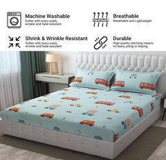 Wrinkle Free Soft Kids Double Bedsheets For King Size With 2 Pillow Cover | 90 X 95 Inches, Aqua | Cartoon Printed Design | Child Bedroom Decor