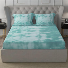 Queen Size Bedsheet With 2 Pillow Covers - 78 X 60 + 8 Inches, White & Seafoam | Soft Wrinkle Free & Breathable Elastic Bedsheets - Durable & Long Lasting Bedsheet