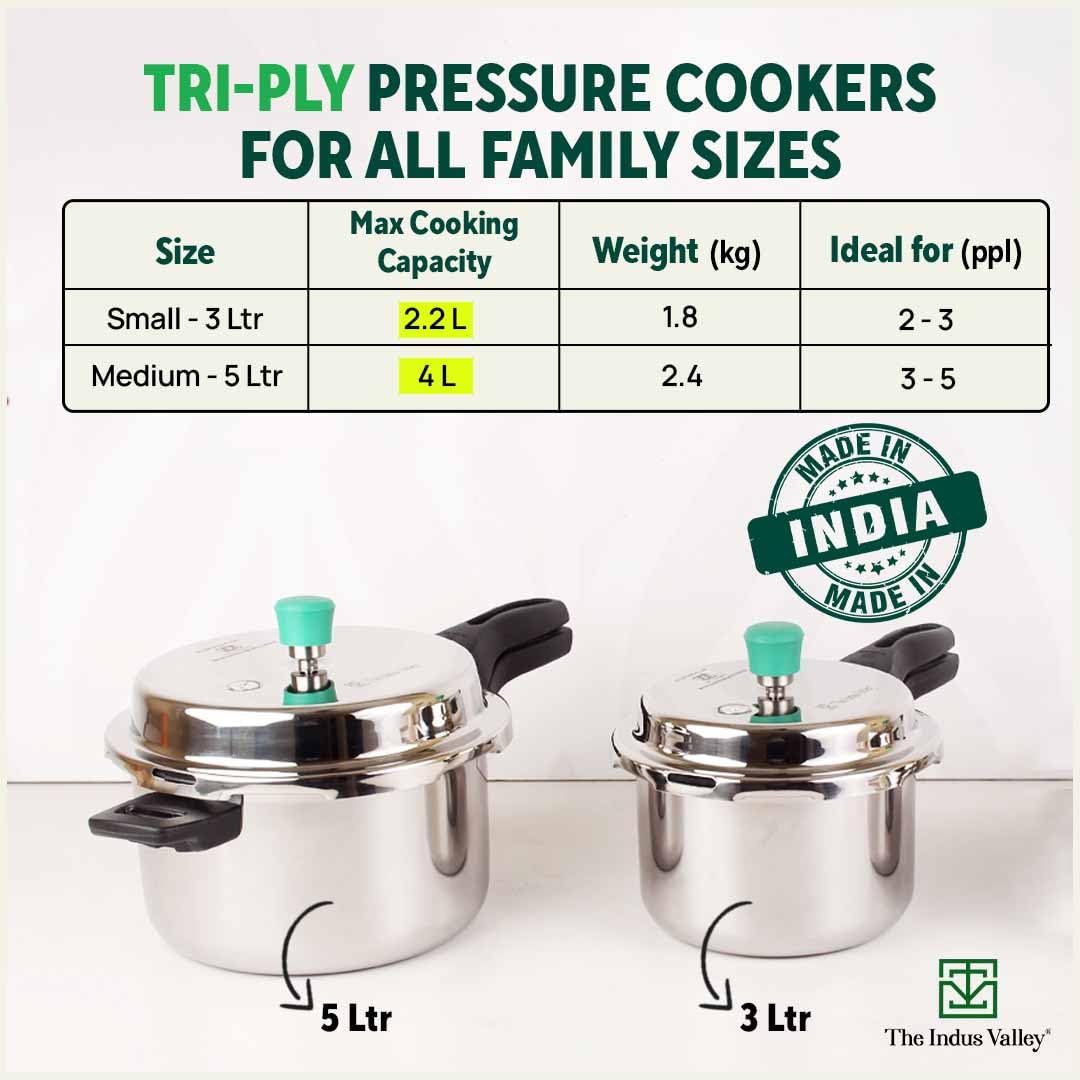 Triply Stainless Steel Pressure Cooker Outer Lid Combo + Free Wooden Chopping Board - 3 Ltr + 5 Ltr | Induction Friendly, ISI-Certified, Nonstick 3-Layer Body, 100% Pure & Toxin-Free Triply Stainless Steel Pressure Cooker Outer Lid Combo + Free Wooden Chopping Board - 3 Ltr + 5 Ltr | Induction Friendly, ISI-Certified, Nonstick 3-Layer Body, 100% Pure & Toxin-Free