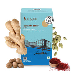 Teabox Kolkata Street Chai Tea - 250gm, 8.8 Ounce | Blended With Saffron, Cardamom, Nutmeg & Ginger Exquisite Aromas Of Saffron - Inspired By The City Of Joy | Low Caffeine