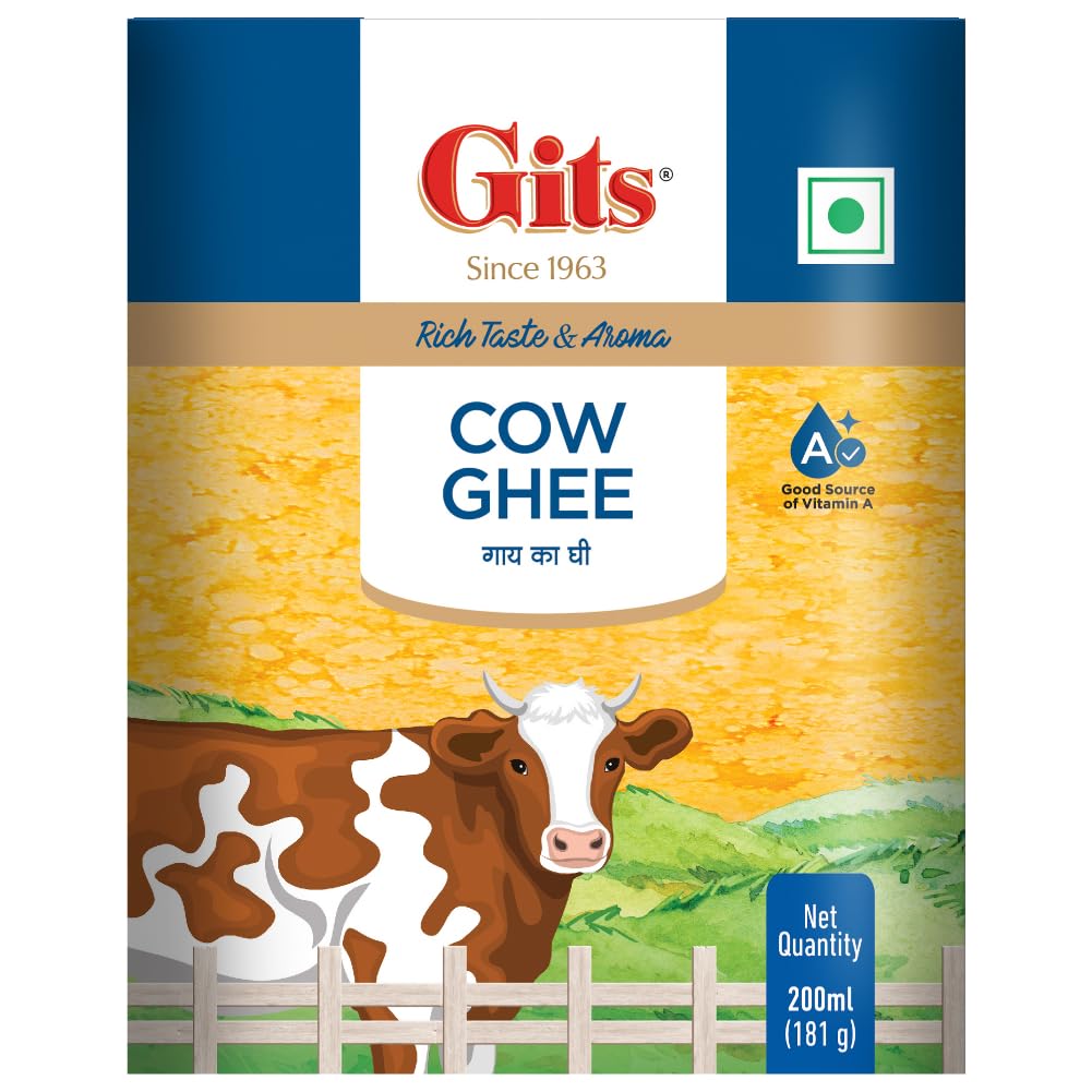 Natural Premium Desi Cow Ghee By Gits | Good Source Of Vitamin A, Delicious Healthy & Nutritious Pure Cow Ghee Perfect For Digestion | (200ml) 6.7 Ounce | Tin Pack