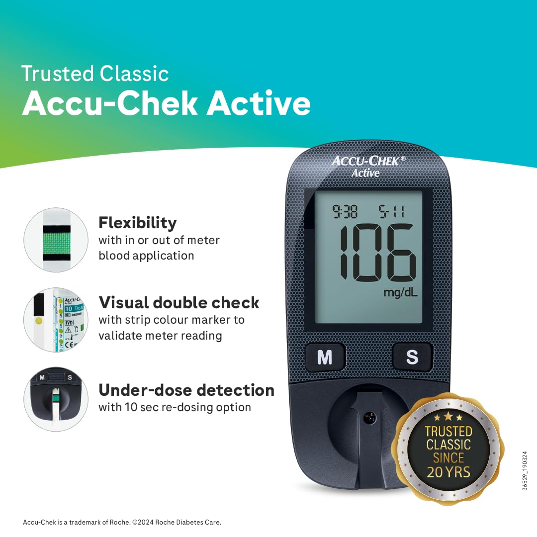 Accu-Chek Active Blood Glucose Glucometer Kit With Vial Of 10 Strips, 10 Lancets And A Lancing Device Free For Accurate Blood Sugar Testing Accu-Chek Active Blood Glucose Glucometer Kit With Vial Of 10 Strips, 10 Lancets And A Lancing Device Free For Accurate Blood Sugar Testing