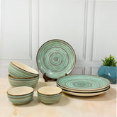 Iris Turquoise Handcrafted Ceramic Dinner Set - 10 Pieces | 4 Dinner Plates + 4 Katori Bowls, 180ml Each+ 2 Serving Bowls, 800ml Each Dinnerware Set | Serving For 4, Microwave Safe & Dishwasher Safe