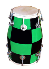 Handmade Mango Wooden 14" Baby Dholak Nut & Bold With Beautiful Check Design - Green & Black Color | Goat Skin On Both Side