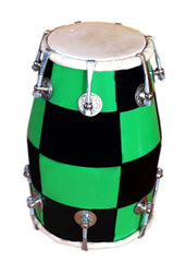 Handmade Mango Wooden 14" Baby Dholak Nut & Bold With Beautiful Check Design - Green & Black Color | Goat Skin On Both Side