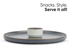 Large Round Ceramic Serving Platter, Grey - 1 Platter + 1 Dip Bowl, 75ml Japandi Series | Big Serving Plate Set With Matte Finish - Platters Serving Set | Ceramic Round Platter - Microwave Safe