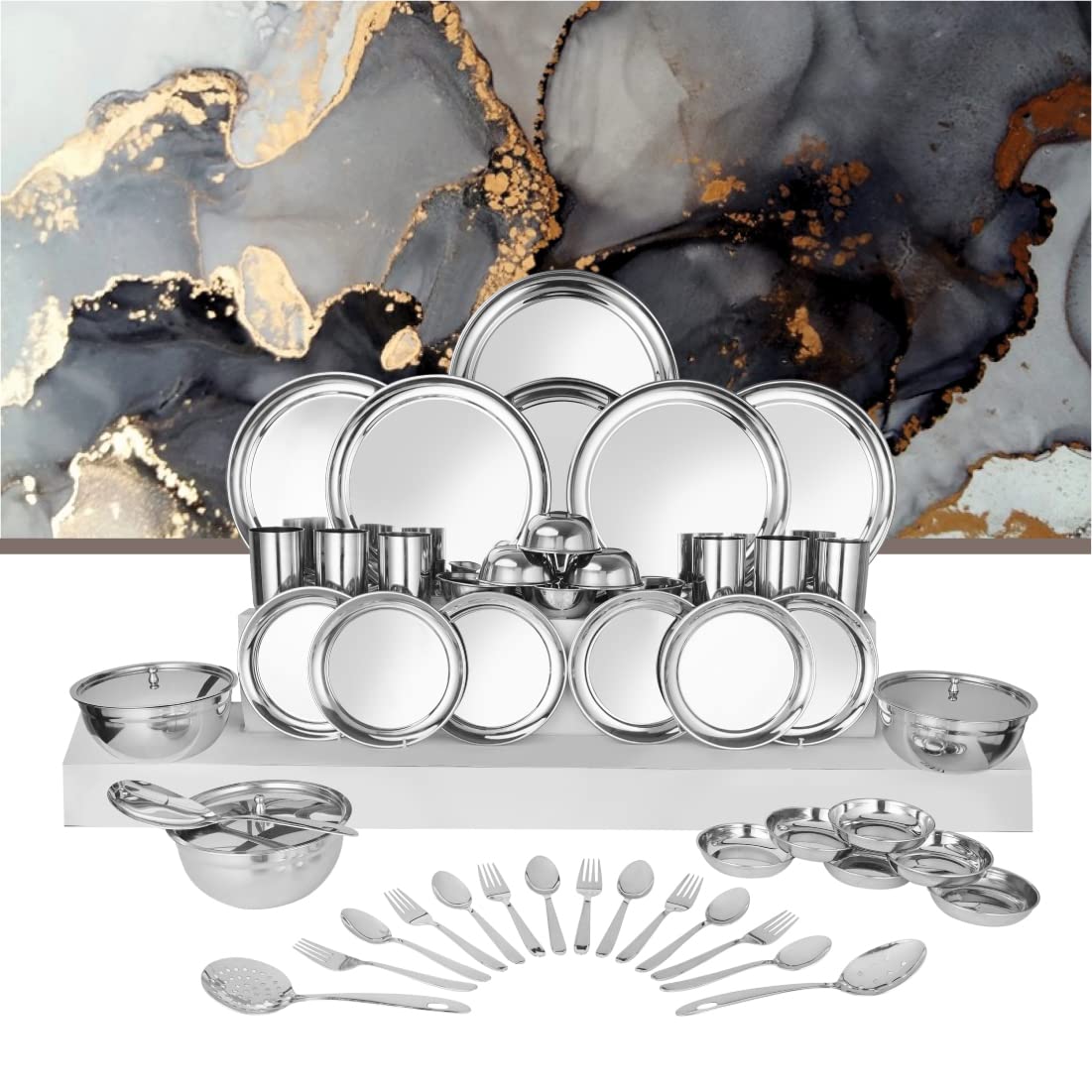 Stainless Steel Shagun Solid Dinner Set Of 51 Pcs, Silver | Easy To Clean - Dishwasher Safe Stainless Steel Shagun Solid Dinner Set Of 51 Pcs, Silver | Easy To Clean - Dishwasher Safe