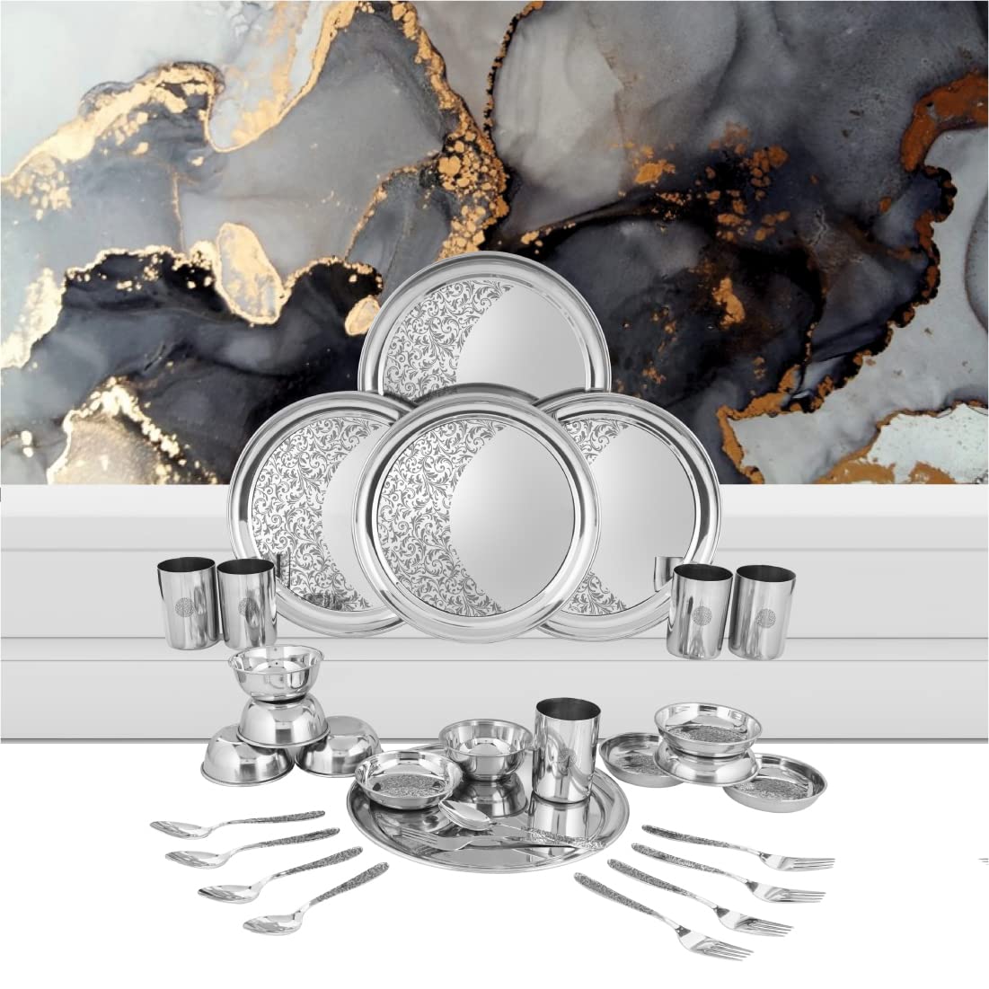 Designer Stainless Steel Shagun Laser Bloom Dinner Set Of 30 Pieces, Silver | 5 Dinner Plate+ 5 Glass+ 5 Bowl+ 5 Pudding Bowl+ 5 Dinner Spoon+ 5 Dinner Fork Designer Stainless Steel Shagun Laser Bloom Dinner Set Of 30 Pieces, Silver | 5 Dinner Plate+ 5 Glass+ 5 Bowl+ 5 Pudding Bowl+ 5 Dinner Spoon+ 5 Dinner Fork