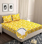 Premium Cotton Double Bedsheets With 2 King Size Pillow Covers - 72x68+6 inches, Yellow | All Around Elastic Fitted Double Bedsheet