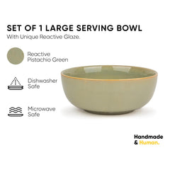 Ceramic Large Bowl, 1500ml - 21cm, 1 Piece, Pistachio Green | Stoneware Ceramic Serving Bowls - Ceramic Bowl With Glossy Finish | Pasta Serving Bowl - Microwave Safe & Dishwasher Safe