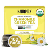 Handpick Chamomile Green Tea Bags With Chamomile Flowers - 100 Tea Bags | Round & Eco-Friendly Tea Bags Packed In Resealable Bag - Brew As Hot Or Iced Tea | Medium Caffeine