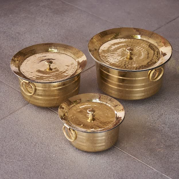 Handcrafted Brass Patila For Cooking, 3 Liters | 100% Pure Brass Round Heavy Bottom | Hammered, Polished Tapeli - Patila - Bhagona | Golden Brass Handi Handcrafted Brass Patila For Cooking, 3 Liters | 100% Pure Brass Round Heavy Bottom | Hammered, Polished Tapeli - Patila - Bhagona | Golden Brass Handi