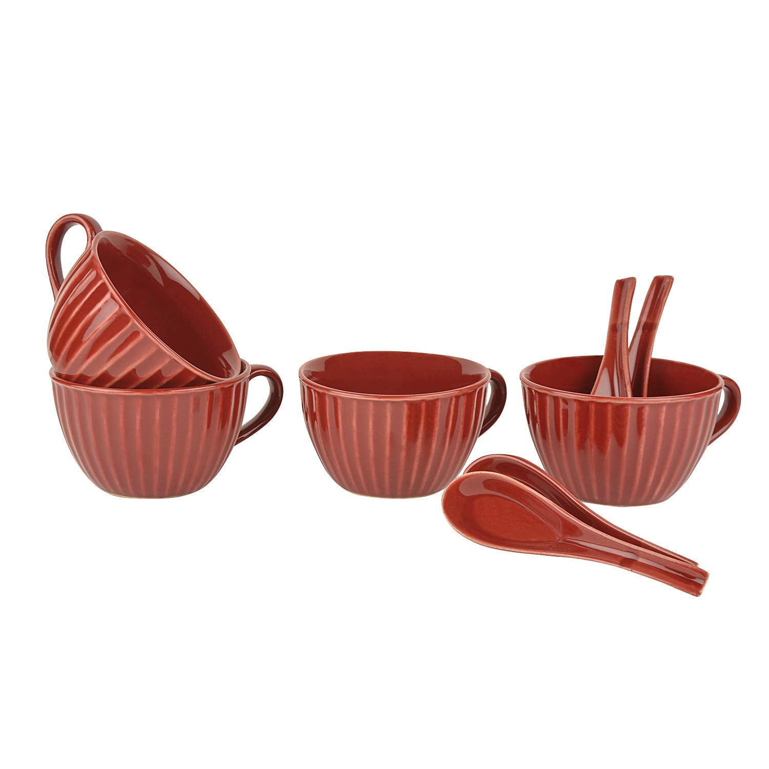Studio Pottery Hand Glazed Ceramic Soup Cup With Spoon Set Of 4 - 300ml Each, Cherry Red | Cereal Cups - Maggi Serving Bowls Studio Pottery Hand Glazed Ceramic Soup Cup With Spoon Set Of 4 - 300ml Each, Cherry Red | Cereal Cups - Maggi Serving Bowls
