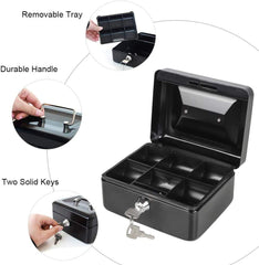8 Inch Petty Cash Box With Combination Number Lock & Removable 5 Section Coin Tray Perfect Secure Storage For Loose Change, Colour - Black