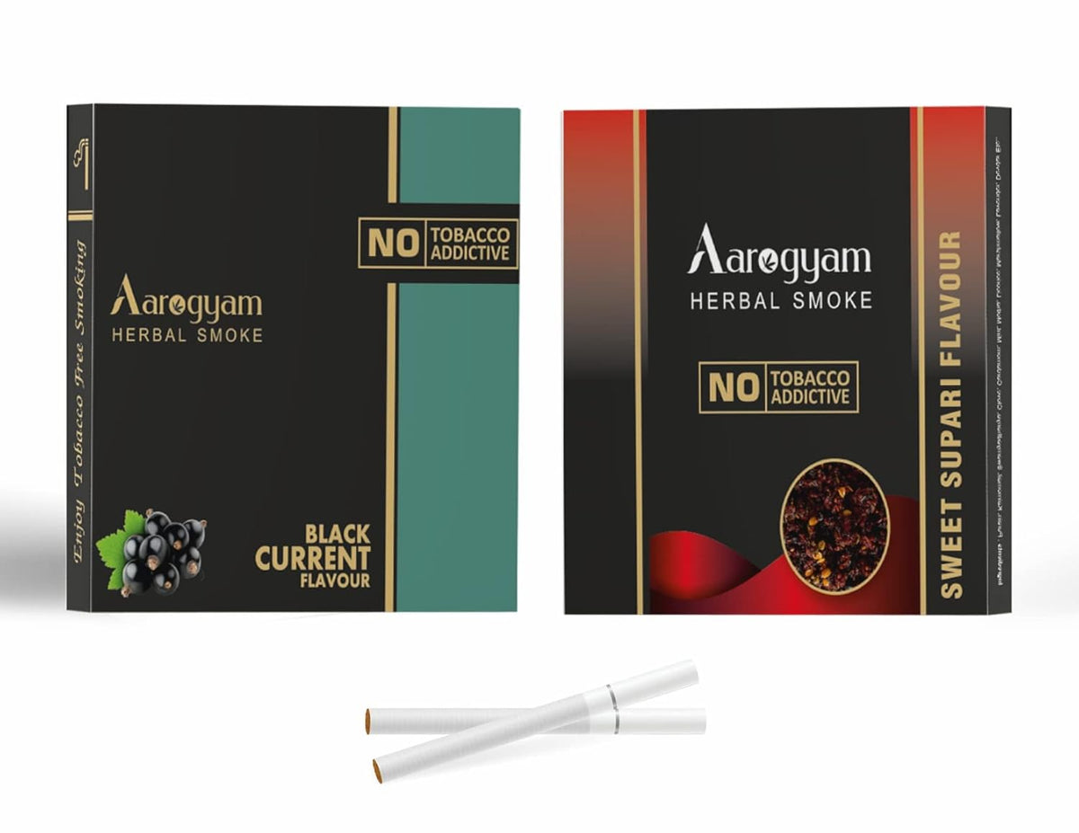 Aarogyam Herbals Pack Of 2 Flavours 100% Tobacco & Nicotine Free Cigarette For Relieve Stress & Mood Enhance Product Sweet Supari, Black Current - 10 Sticks X 2 Packets
