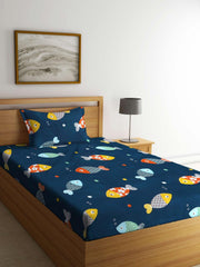 Cartoon Printed Single Bedsheet For Kids With One Pillow Cover - 60 X 90 Inches, Navy Blue | 300 Thread Count - Wrinkle Free Soft Perfect For Everyday Use