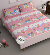 Cartoon Printed Double Bedsheet For Kids With 2 Pillow Cover - 72 X 78 X 10 Inches, Pink & White | Cotton Feel All Around Elastic Fitted King Size Double Bed