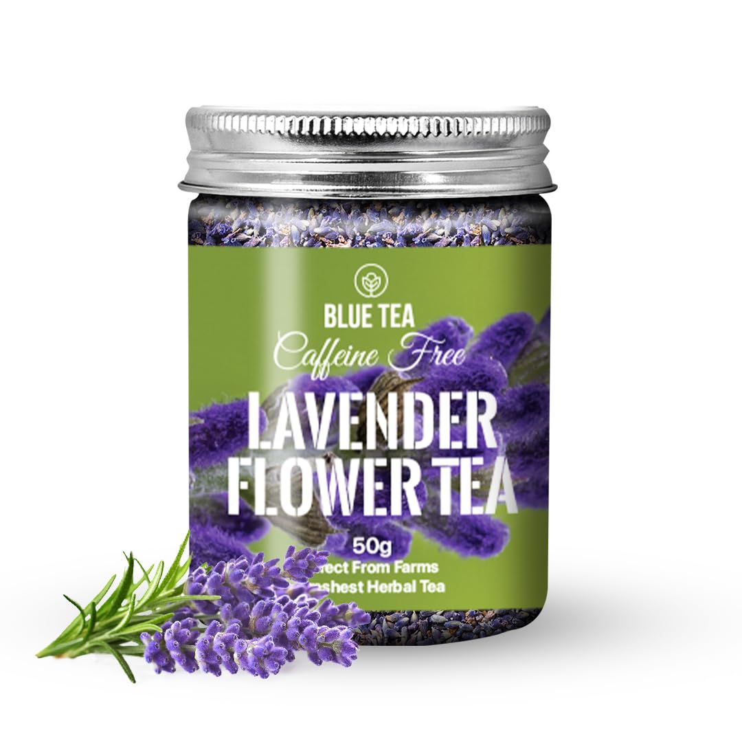 Blue Tea Lavender Flower Herbal Tea - 50gm Pet Jar, 1.7 Ounce, 50 Cups | Flower Based Calming Tea - Caffeine Free, Food Grade, Non-GMO | No Added Colors, No Preservatives