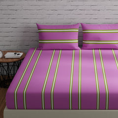 144 TC Double Bedsheet For Queen Size With 2 Pillow Covers - 88 X 96 Inches, Pink & Green | Printed Stripes | Perfect Gift For Anniversary, Wedding