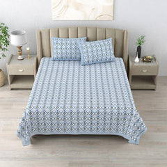 Cotton King Size Bedsheet With 2 Matching Pillow Covers - 90 X 108 Inches, Blue & White | Designer Printed Bedsheet Set - Naturally Soft, Breathable, & Skin-Friendly