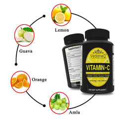 Vedaneq Natural Vitamin C Tablets Ascorbic Acid Amla, Orange, Lemon, Guava, High Potency Formula For Men & Women | 60 Chewable Tablets , 100gm 0.2lbs