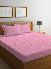 Elastic Fitted Printed Queen Size Double Bed Bedsheet With 2 Pillow Covers | 60 X 78 X 10 Inches, Pink | Super Soft Premium Brushed Glace Cotton Material