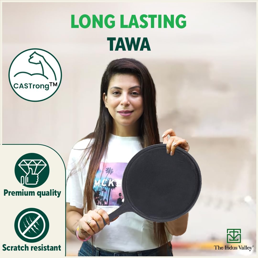 Pre-Seasoned Black Cast Iron Tawa With Free Wooden Spatula For Dosa, Chapathi - 25.7cm, 10.3 Inch, 2 Kg | Induction Friendly, Naturally Nonstick, 100% Pure & Toxin-Free, No Chemical Coating Pre-Seasoned Black Cast Iron Tawa With Free Wooden Spatula For Dosa, Chapathi - 25.7cm, 10.3 Inch, 2 Kg | Induction Friendly, Naturally Nonstick, 100% Pure & Toxin-Free, No Chemical Coating