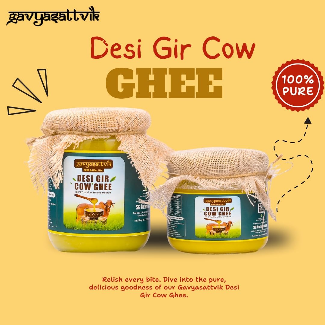 Natural Desi Gir Cow Ghee By Gavyasattvik | High In Protein Fiber Healthy Desi Cow Ghee Protact Eyesight | (500ml) 16.9 Ounce | Jar Pack Natural Desi Gir Cow Ghee By Gavyasattvik | High In Protein Fiber Healthy Desi Cow Ghee Protact Eyesight | (500ml) 16.9 Ounce | Jar Pack