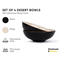Ceramic Bowl Set Of 4 Pieces For Snacks - 13cm, Black Ivory | Dessert Bowl With Glossy Finish - Premium Stoneware | Microwave Safe Halwa Plates