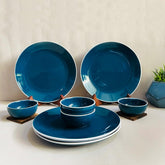 Retro Green Handcrafted Ceramic Dinner Set - 8 Pieces | 4 Dinner Plates + 4 Katori Bowls, 180ml Each Dinnerware Set | Serving For 4, Microwave Safe & Dishwasher Safe
