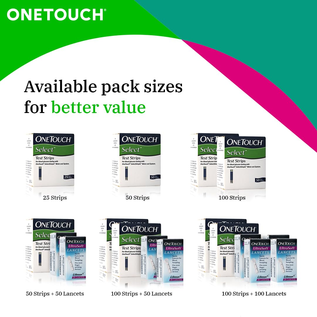OneTouch Select Test Strips - Pack of 25 Strips | Blood Sugar Test Machine Testing Strips | Global Iconic Brand | For use with OneTouch Select Simple Glucometer OneTouch Select Test Strips - Pack of 25 Strips | Blood Sugar Test Machine Testing Strips | Global Iconic Brand | For use with OneTouch Select Simple Glucometer