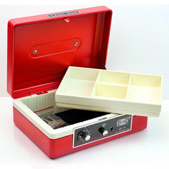 Imported Metal Cash Box With Dual Combination & Password Lock Medium Size Money Box For Cash, Jewellery Safe Locker With Removable Plastic Coin Tray, Colour - Red, Material - Metal
