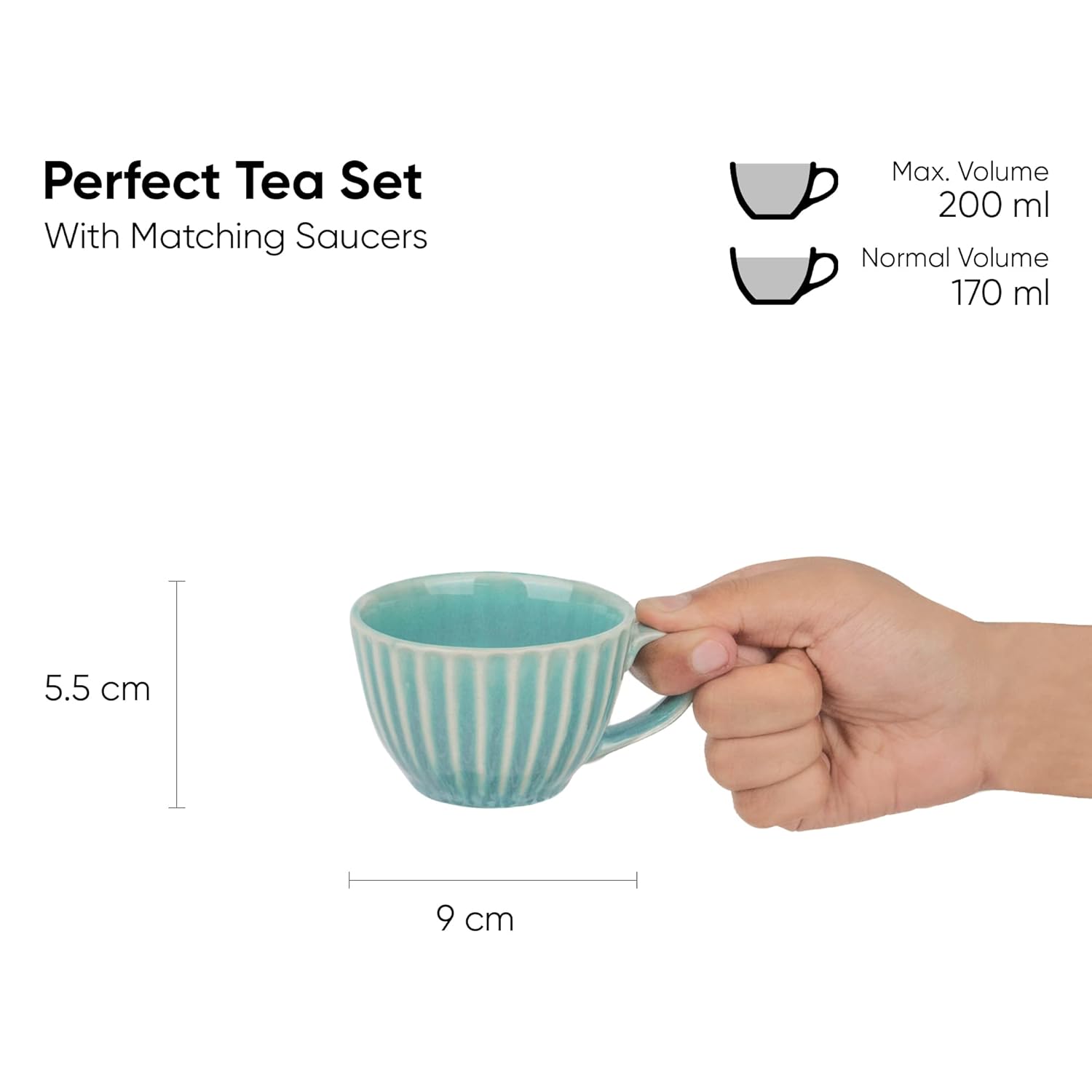 Ceramic Cup & Saucer Set Of 6 - Turquoise, 200ml Each | 6 Cups + 6 Saucers - Premium Stoneware Tea Set With Glossy Finish | Ceramic Tea Cup & Saucer Set - Microwave Safe & Dishwasher Safe Ceramic Cup & Saucer Set Of 6 - Turquoise, 200ml Each | 6 Cups + 6 Saucers - Premium Stoneware Tea Set With Glossy Finish | Ceramic Tea Cup & Saucer Set - Microwave Safe & Dishwasher Safe