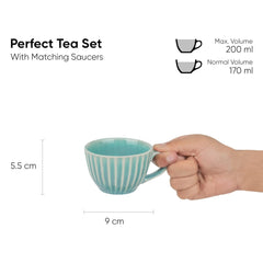 Ceramic Cup & Saucer Set Of 6 - Turquoise, 200ml Each | 6 Cups + 6 Saucers - Premium Stoneware Tea Set With Glossy Finish | Ceramic Tea Cup & Saucer Set - Microwave Safe & Dishwasher Safe