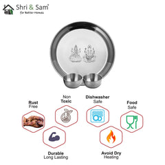 Stainless Steel Laxmi & Ganesh Ji Pooja Thali Set Of 3, Silver | 1 Pooja Thali+ 2 Katoris - Easy To Clean & Dishwasher Safe