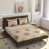 Light Weight King Size Bedsheet With 2 Pillow Covers - 72 X 78 + 10 Inches, Cream & Brown | All Around Elastic Fitted Bedsheet | Ideal For Daily Use