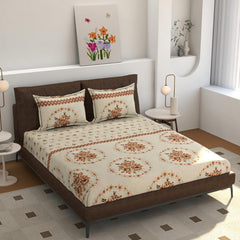 Light Weight King Size Bedsheet With 2 Pillow Covers - 72 X 78 + 10 Inches, Cream & Brown | All Around Elastic Fitted Bedsheet | Ideal For Daily Use