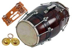 Professional Mango Wood Nut & Bold Fitting Dholak With Manjira & Khartal Free - Brown Color | Nut & Bold Fitting For Easy Tuning