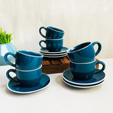 Retro Green Ceramic Cups & Saucers Set Of 6 | Tea Cup Set Of 6 Cups + 6 Saucers For Tea, Coffee, Hot Drinks - 12 Pieces, 150ml, Microwave Safe