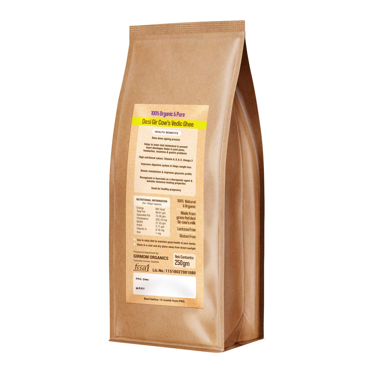 Organic Desi Gir Cow Vedic Ghee By Girmom Motherly Organics | Rich Source Of Vitamin A, D,E & K Pure Desi Cow Ghee Perfect For Glowing Skin | (250ml) 8.4 Ounce | Packet Organic Desi Gir Cow Vedic Ghee By Girmom Motherly Organics | Rich Source Of Vitamin A, D,E & K Pure Desi Cow Ghee Perfect For Glowing Skin | (250ml) 8.4 Ounce | Packet