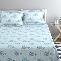Double Bedsheets With 2 Matching Pillow Covers - 90 X 100 Inches, Light Blue | Traditional Printed Bedsheet - Ideal For House, Guest Room, Hotel Room Bedsheet
