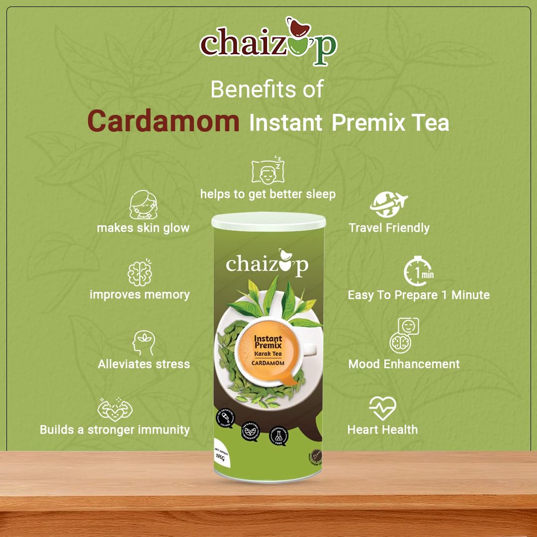 Chaizup Premium 1 Min Instant Cardamom Tea Premix - 1 Kg Can, 35.2 Ounce | Just Add Hot Water - Assam Elaichi Chai Powder | Low Caffeine Home Like Tea Chaizup Premium 1 Min Instant Cardamom Tea Premix - 1 Kg Can, 35.2 Ounce | Just Add Hot Water - Assam Elaichi Chai Powder | Low Caffeine Home Like Tea
