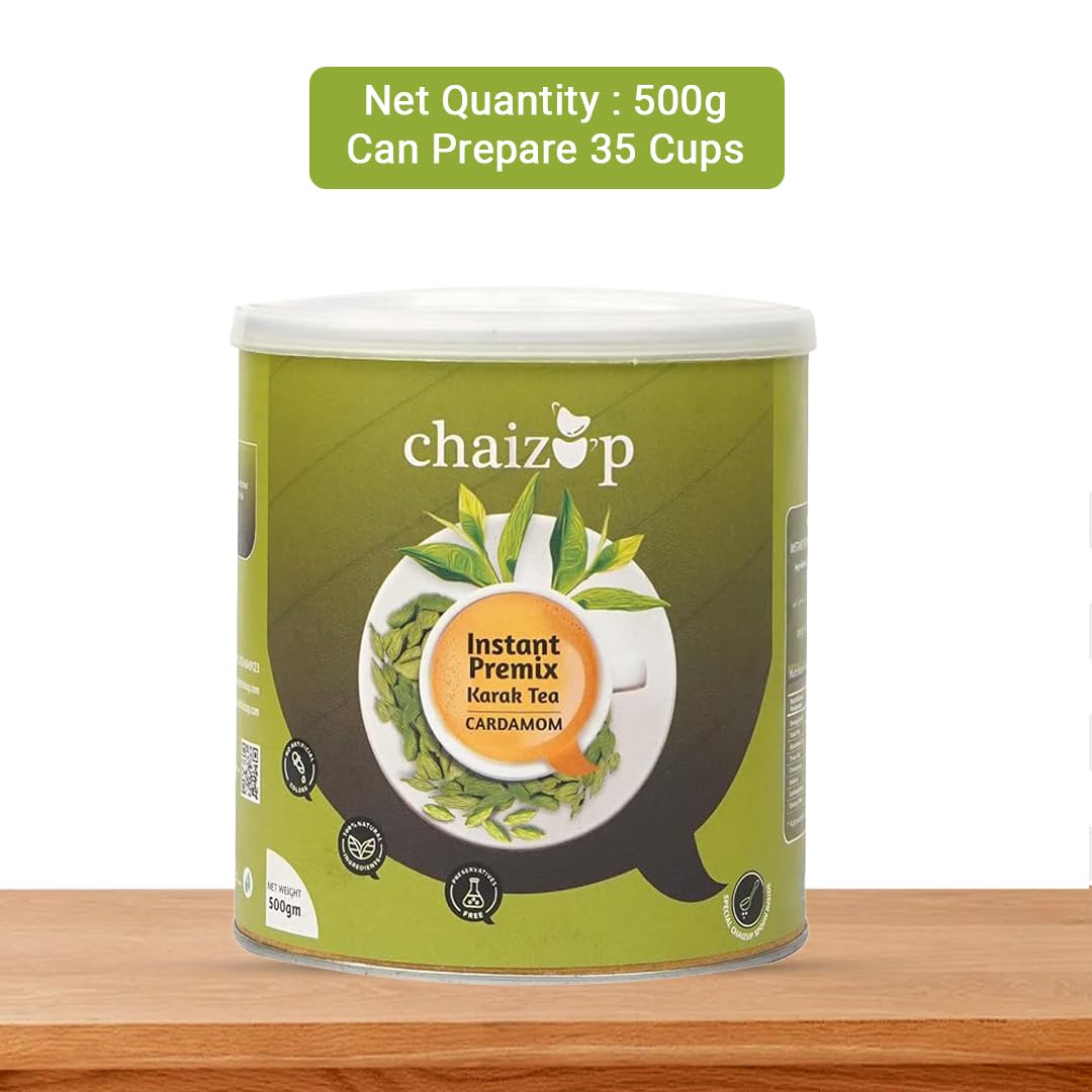Chaizup Premium 1 Min Instant Cardamom Tea Premix - 500gm Can, 17.6 Ounce | Just Add Hot Water - Assam Elaichi Chai Powder | Low Caffeine Home Like Tea Chaizup Premium 1 Min Instant Cardamom Tea Premix - 500gm Can, 17.6 Ounce | Just Add Hot Water - Assam Elaichi Chai Powder | Low Caffeine Home Like Tea