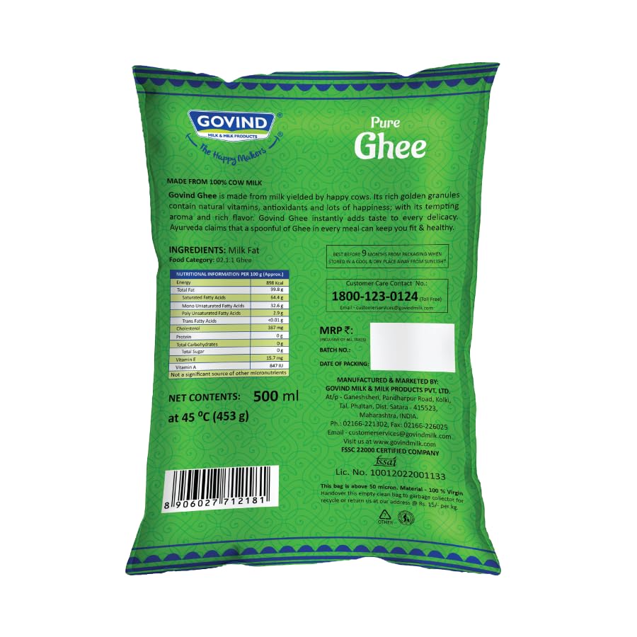Premium Pure Cow Ghee By Govind | Rich In Vitamins A, D & E Healthy Nutrients Desi Ghee Good For Boost Immunity | (500ml) 16.9 Ounce | Pouch Pack Premium Pure Cow Ghee By Govind | Rich In Vitamins A, D & E Healthy Nutrients Desi Ghee Good For Boost Immunity | (500ml) 16.9 Ounce | Pouch Pack