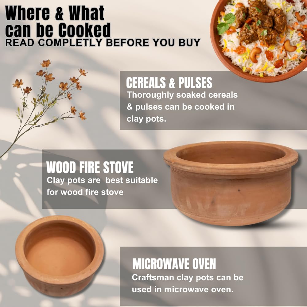 Exclusive Range Unglazed Clay Pot For Cooking & Serving Pack Of 2 - 3 Liters Each | Red-Ochre (Gerua) Exclusive Range Unglazed Clay Pot For Cooking & Serving Pack Of 2 - 3 Liters Each | Red-Ochre (Gerua)