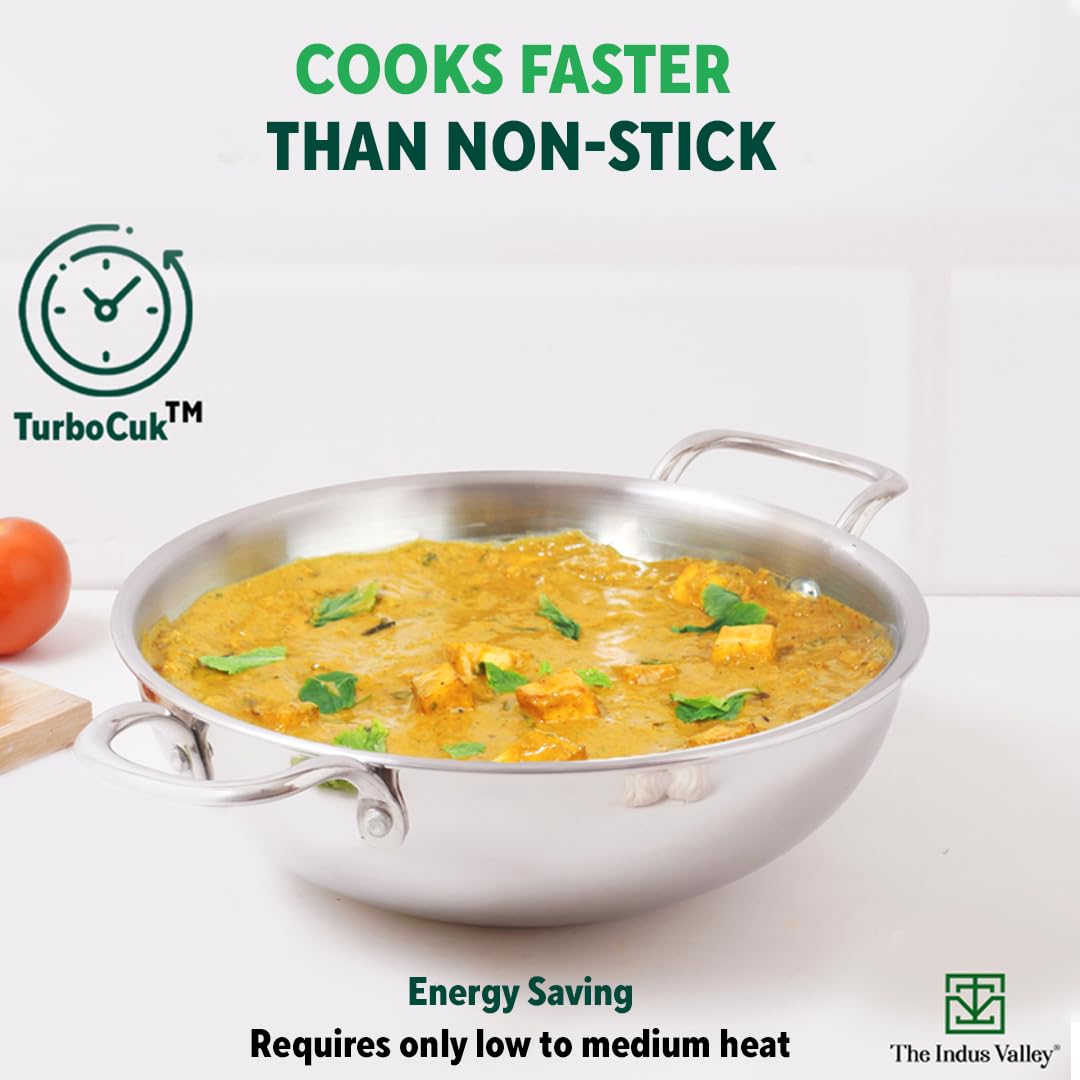 Triply Stainless Steel Kadai With Glass Lid For 5-6 People - Large 26cm, 10.2 Inch, 3.5 Liters, 1.3 Kg | Induction Friendly, Nonstick 3-Layer Body, 100% Pure & Toxin-Free Triply Stainless Steel Kadai With Glass Lid For 5-6 People - Large 26cm, 10.2 Inch, 3.5 Liters, 1.3 Kg | Induction Friendly, Nonstick 3-Layer Body, 100% Pure & Toxin-Free