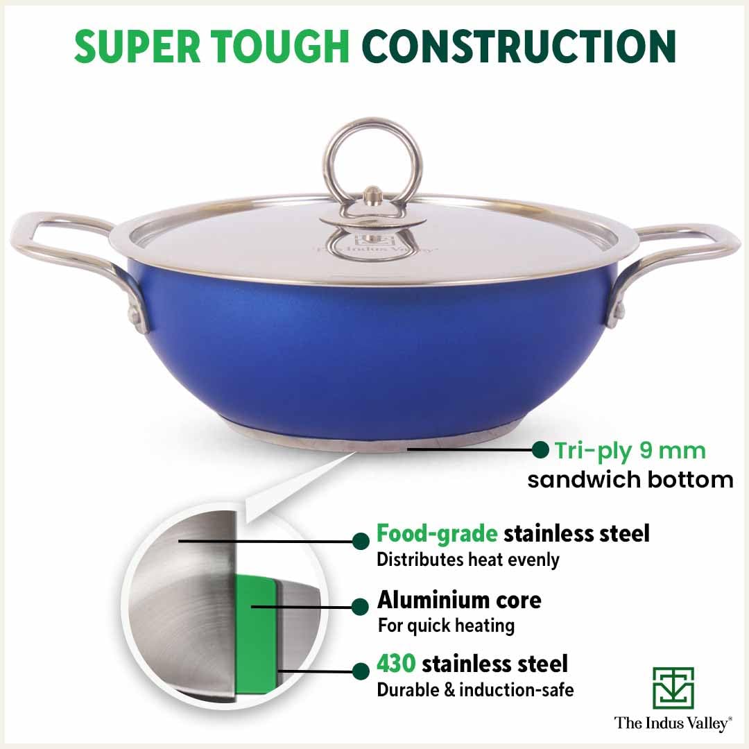 Coloured Stainless Steel Kadai With Steel Lid - Blue, Large, 28.8cm, 11.3 Inch, 4.5 Liters, 1.2 Kg | Induction Friendly, Nonstick 3-Layer Bottom, 100% Toxin-Free, No Chemical Coating Coloured Stainless Steel Kadai With Steel Lid - Blue, Large, 28.8cm, 11.3 Inch, 4.5 Liters, 1.2 Kg | Induction Friendly, Nonstick 3-Layer Bottom, 100% Toxin-Free, No Chemical Coating